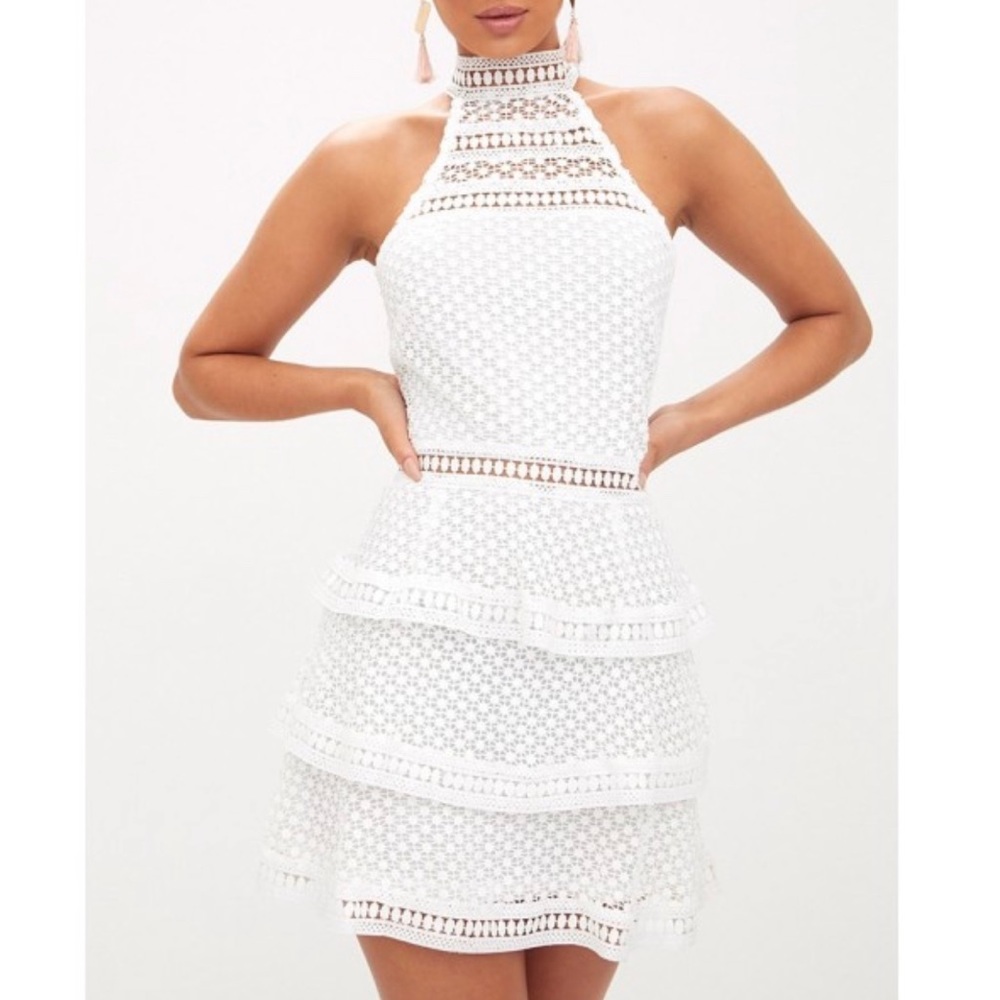 PrettyLittleThing White Lace Halter Tiered Mini Sleeveless Dress